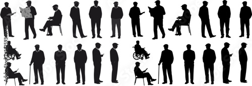 silhouettes of older men in different movements, vector set of elderly men