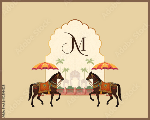 Premium wedding logo design with J and M initial, royal horses, umbrellas, and palace backdrop