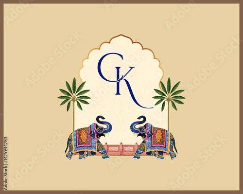 Traditional wedding logo design with CK initials, royal elephants, palm trees, and a decorative arch.