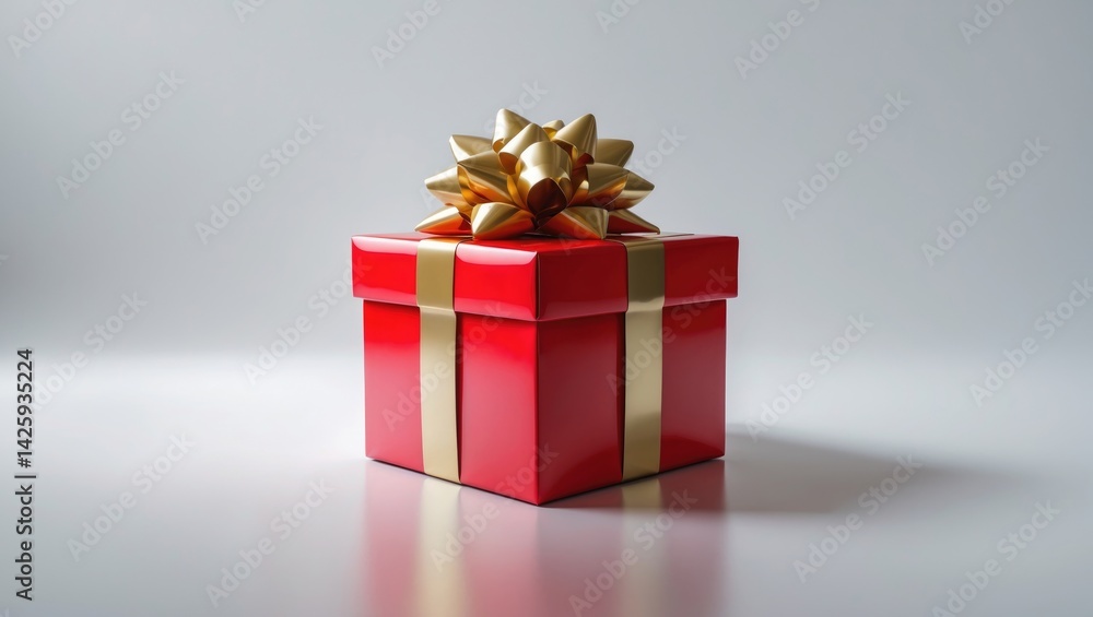 Red gift box with golden ribbon on festive background Red gift box with golden ribbon on festive background