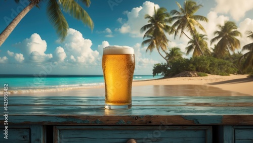 Fototapeta Naklejka Na Ścianę i Meble -  Cold beer on a wooden desk with space for your decoration, featuring a beach landscape with palms, a sunny summer day, ocean view with blue sky, and a beach party