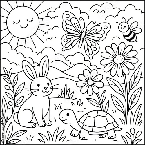Cute Cartoon Rabbit and Turtle in Sunny Meadow with Flowers and Insects