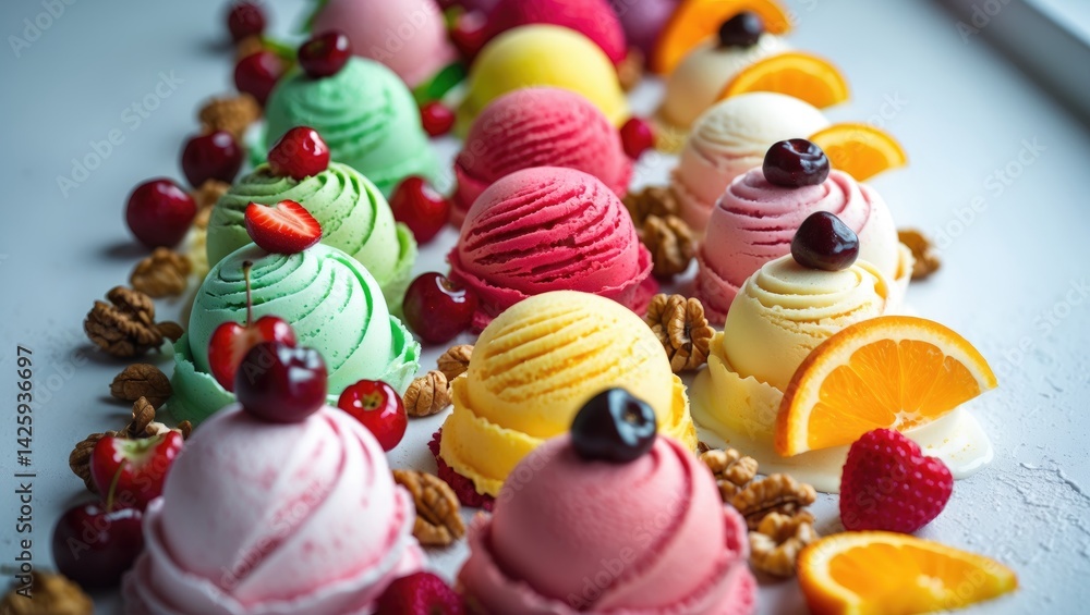 Assorted ice cream scoops arranged in a row with decorations, top-down shot Assorted ice cream scoops arranged in a row with decorations, top-down shot