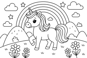 Wandcirkels Eenhoorn Cute Unicorn in a Magical Landscape with Rainbow  © procreation