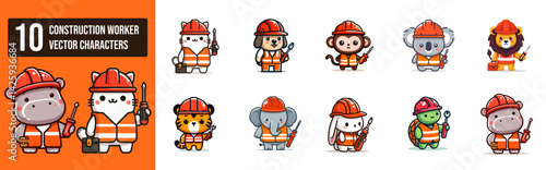 Construction Worker Character Set Pack. Cute animal builders in orange hard hats and safety vests with tools. Perfect for construction industry branding or professional safety training materials