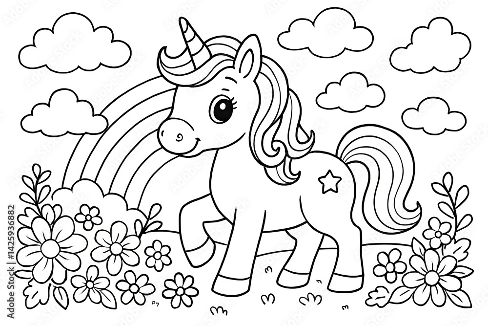 Naklejka premium Cute Unicorn in Flowery Meadow with Rainbow