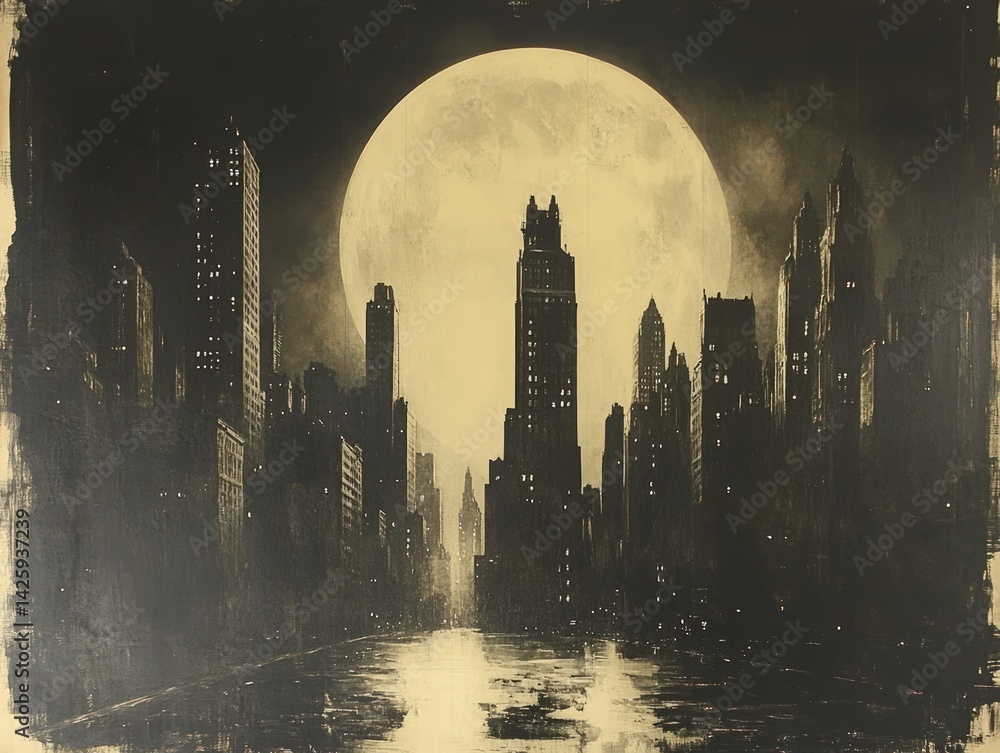 City skyline silhouette with tall buildings and a large moon in the background.