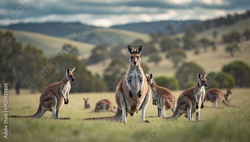 Group of kangaroos resting against hilly landscape