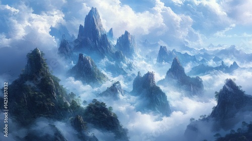 Fototapeta Naklejka Na Ścianę i Meble -  A wide shot of a high-altitude mountain range with sharp peaks and valleys, partially covered in clouds, creating a mystical and dramatic landscape