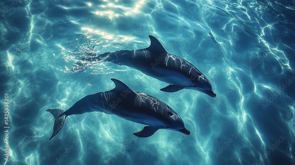 Fototapeta premium Two dolphins swimming in blue ocean with sunlight reflecting on the water surface