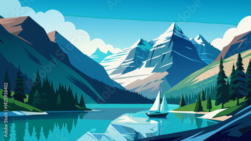 Tranquil Mountain Lake Scene with Clear Water, Lush Trees, and Majestic Peaks
