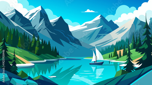 Scenic Alpine Lake with Yacht and Snow-Capped Mountains – Serene Nature Landscape