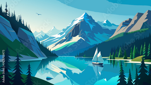 Scenic Alpine Lake with Yacht and Snow-Capped Mountains – Serene Nature Landscape