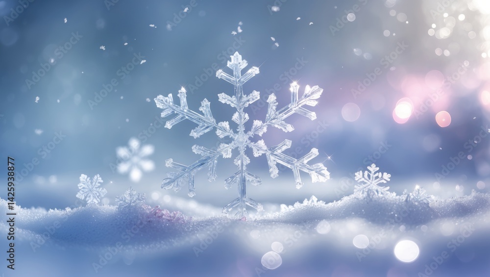 Closeup of a Snowflake with Winter Pattern and Crystals Closeup of a Snowflake with Winter Pattern and Crystals