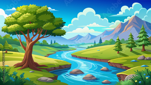 Tranquil River Scene in a Lush Green Valley – Nature Landscape Illustration