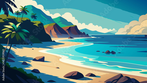 Cartoon Tropical Beach Illustration – Vibrant Coastal Landscape Vector Art
