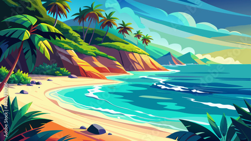 Cartoon Tropical Beach Illustration – Vibrant Vector Landscape with Palm Tree and Ocean View