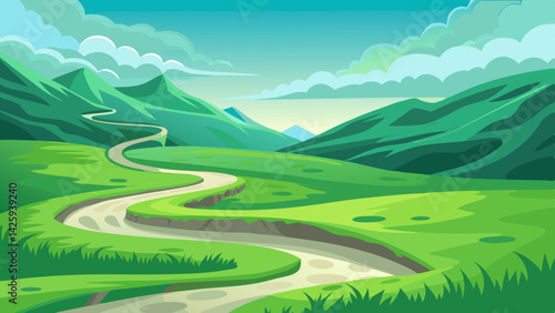 Winding Path Through Lush Green Hills – Vibrant Landscape with Transparent Background