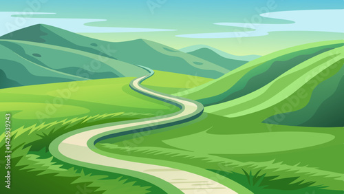 Winding Path Through Lush Green Hills - Transparent Background Landscape Vector
