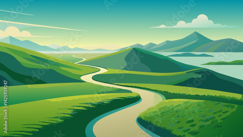 Winding Path Through Lush Green Hills - Transparent Background Landscape Vector