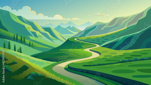 Winding Path Through Lush Green Hills - Transparent Background Landscape Vector