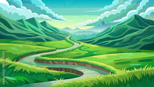 Winding Path Through Lush Green Hills - Transparent Background Landscape Vector
