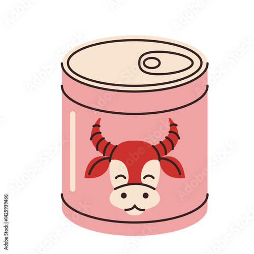 Delicious canned meat for tourists. Camping food for outdoor activities. Beef, stew. Vector illustration in a flat style, isolated on a white background