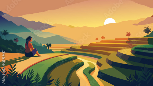 Tranquil Sunset Over Terraced Rice Fields – Rural Landscape with Hut, Palm Trees & Reflection