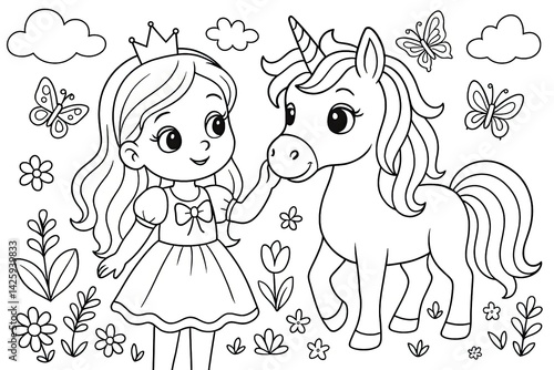 Princess and Unicorn Coloring Page: Cute Line Art Illustration