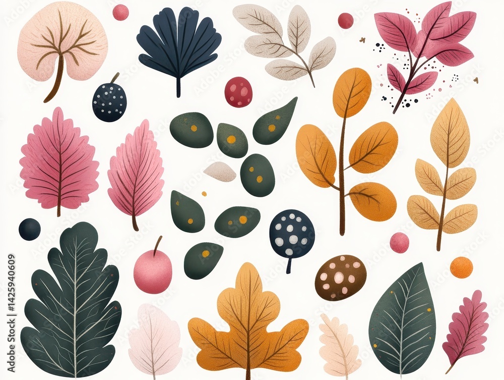 Fototapeta premium Autumnal leaf berry collection illustrated whimsically