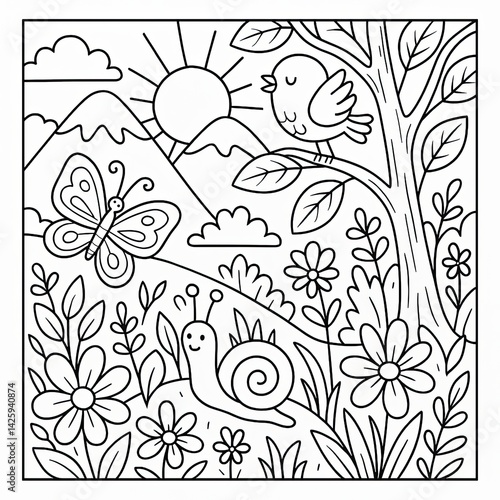 Whimsical Line Art Nature Scene with Butterfly, Bird, and Snail