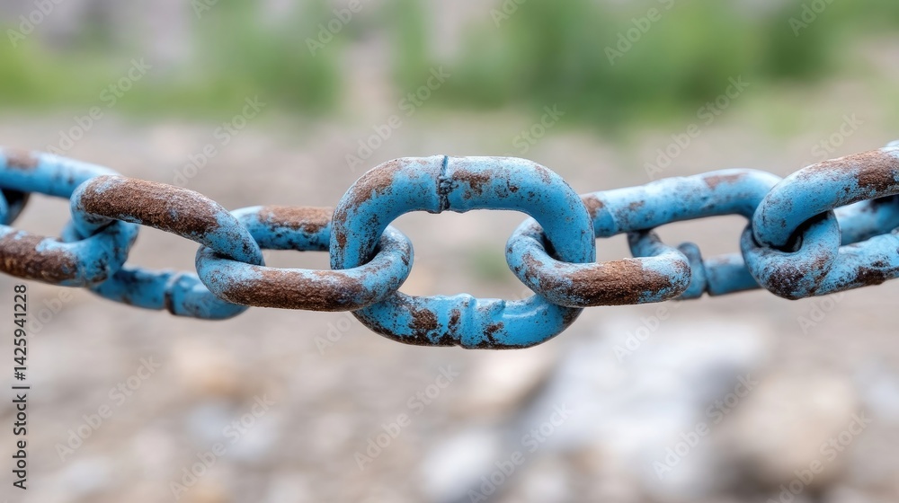 Close-up of a weathered blue chain link Close-up of a weathered blue chain link