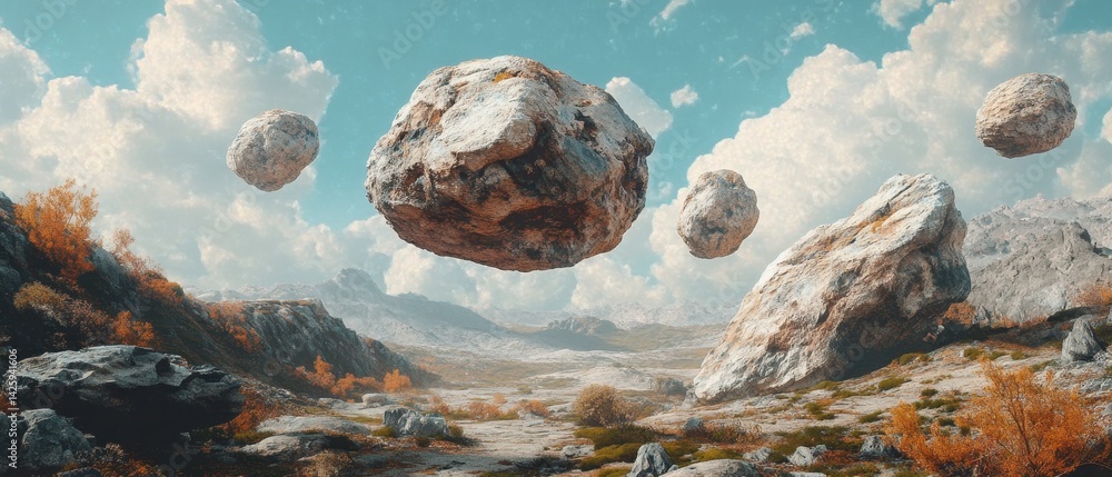 A rocky landscape with a few large rocks floating in the air