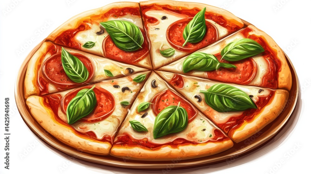 Homemade Pizza with Basil and Bubbling Mozzarella Homemade Pizza with Basil and Bubbling Mozzarella