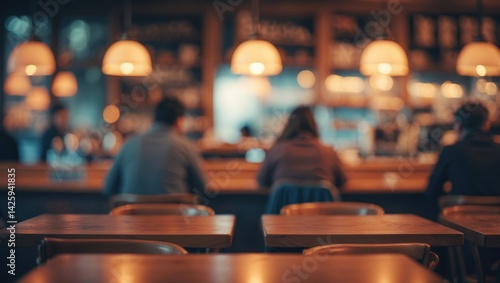 Cafe interior with blurred background showing people sitting at tables
