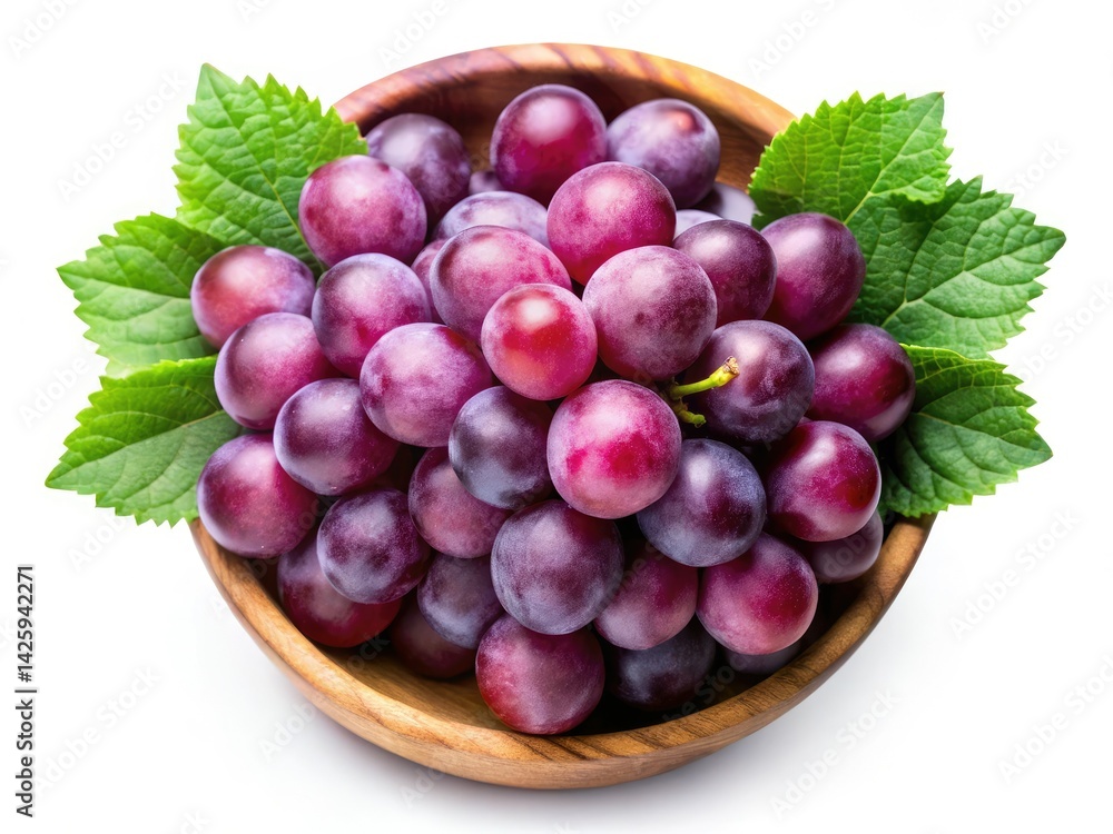 Obraz premium Panoramic Overhead Shot: Concord Grapes in Wooden Bowl - Healthy Fruit Photography
