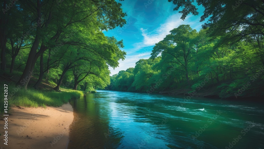 Obraz premium The calm river meanders past lush green trees, mirroring the clear blue sky and creating a tranquil environment for relaxation and nature connection.