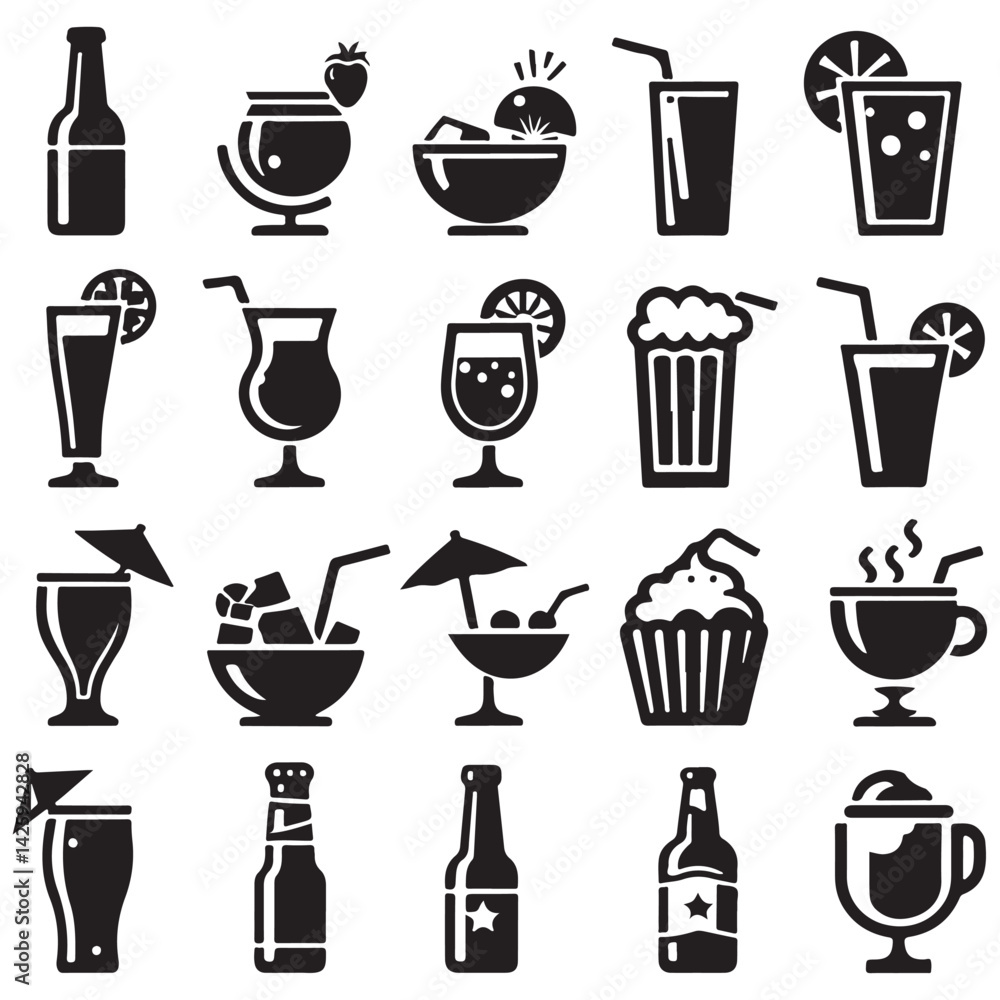 Drinks and Beverages Icon Set – Black Silhouette Vector Collection on White Background
Drinks and Beverages Icon Set – Black Silhouette Vector Collection on White Background