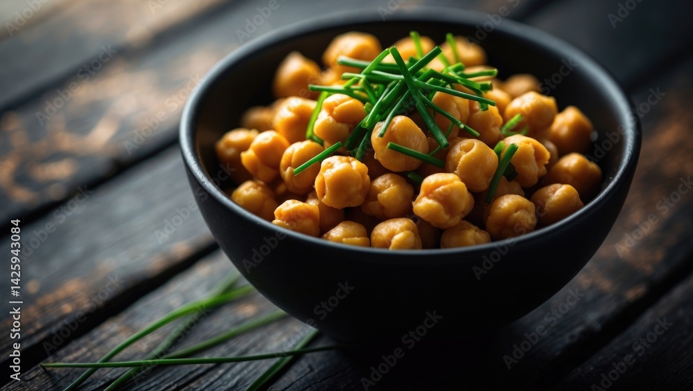 Boiled chickpeas served in a black bowl on a rustic wooden surface. Boiled chickpeas served in a black bowl on a rustic wooden surface.