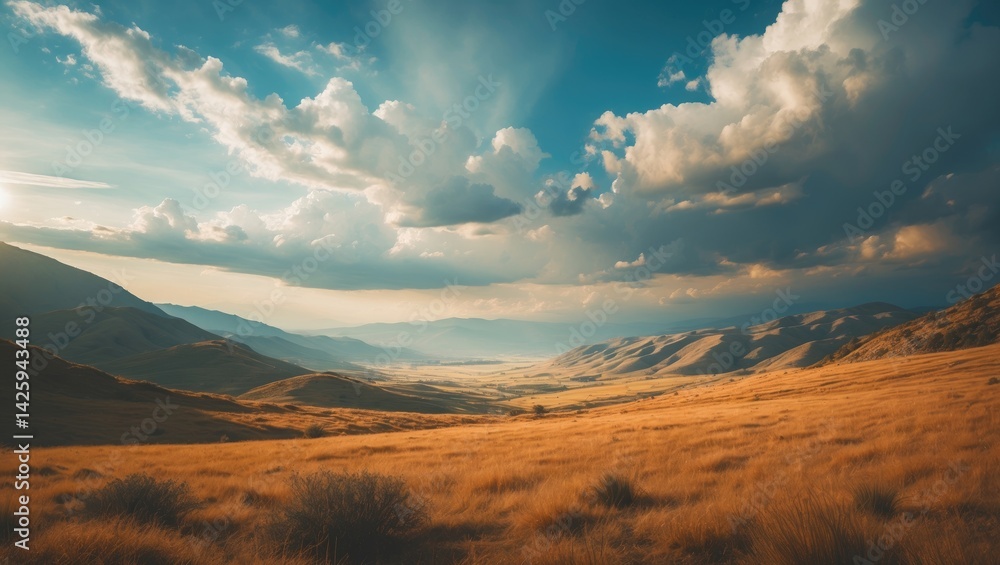 Fototapeta premium Mountain landscape with blue sky and wide open desert highlands