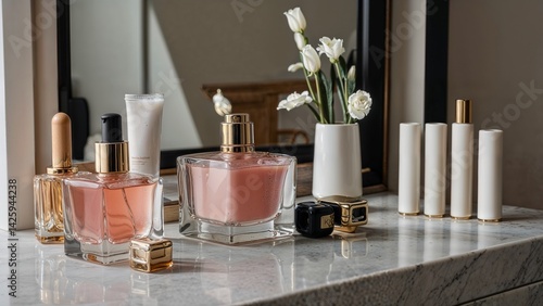 Elegant Display of Perfume Bottles and Skincare Products