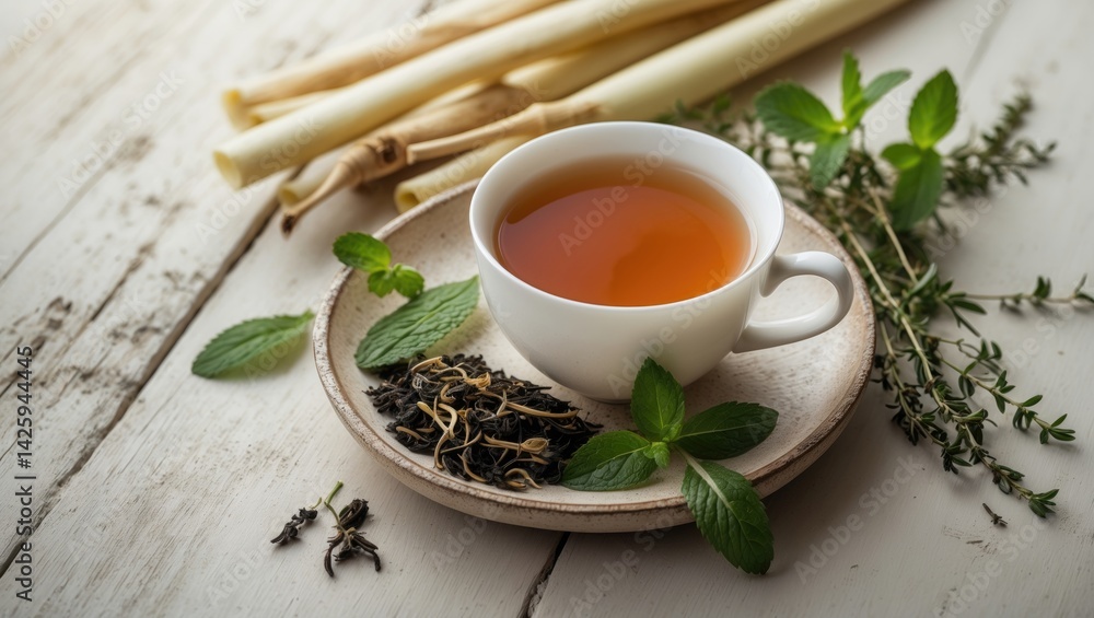 Herbal tea in a cup on a saucer with a rustic wooden background Herbal tea in a cup on a saucer with a rustic wooden background