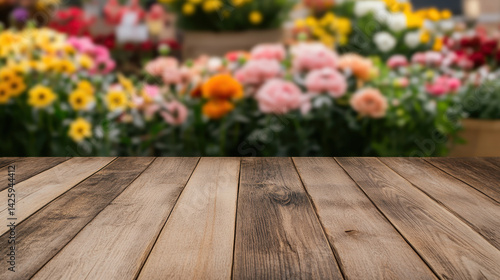 beautiful empty wooden table top is set against blurred background of vibrant flowers in various colors, creating warm and inviting atmosphere perfect for gatherings or displays