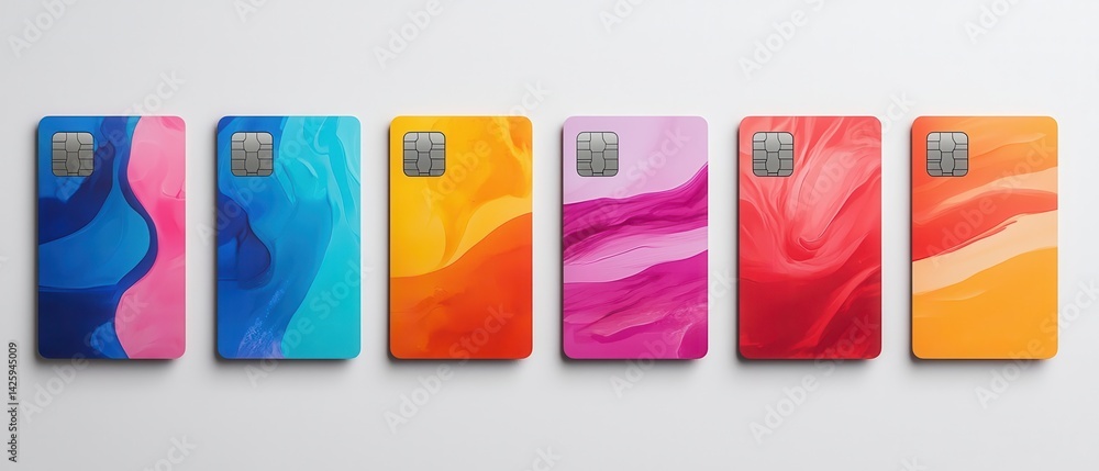 Colorful abstract cards displayed in a row, showcasing vibrant patterns and designs.