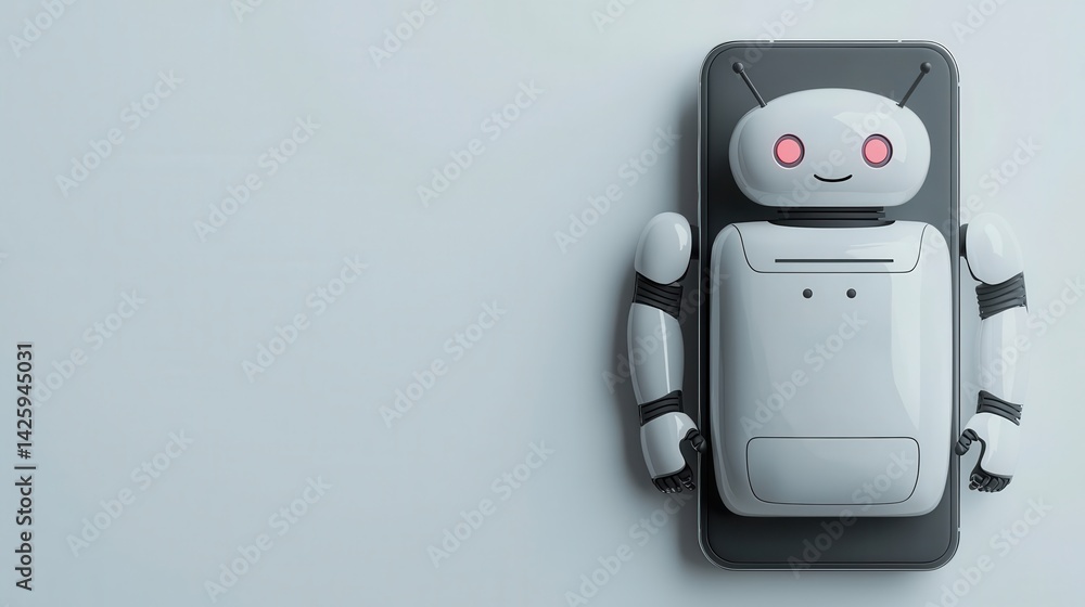 A cartoon robot character on a smartphone with a friendly expression against a light background.