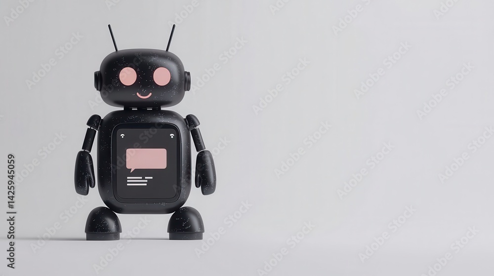 Cute black robot with smiling face and antennas standing against a light background.