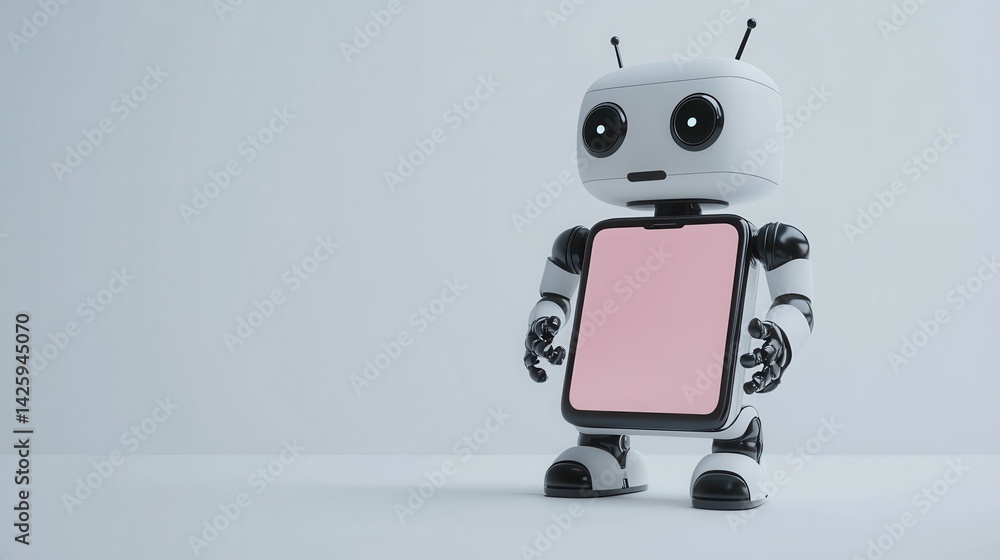 A sleek robot figure with a rounded body and a pink screen on its chest stands against a minimalist background.