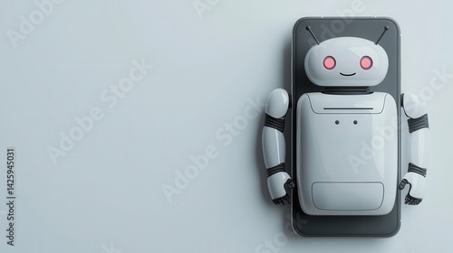 Obraz na płótnie A cartoon robot character on a smartphone with a friendly expression against a light background. w salonie