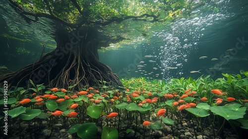 Underwater view of a tree with exposed roots, fish swimming, green plants and bubbles