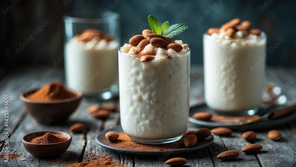 Creamy rice pudding garnished with cinnamon and almonds in a glass jar Creamy rice pudding garnished with cinnamon and almonds in a glass jar